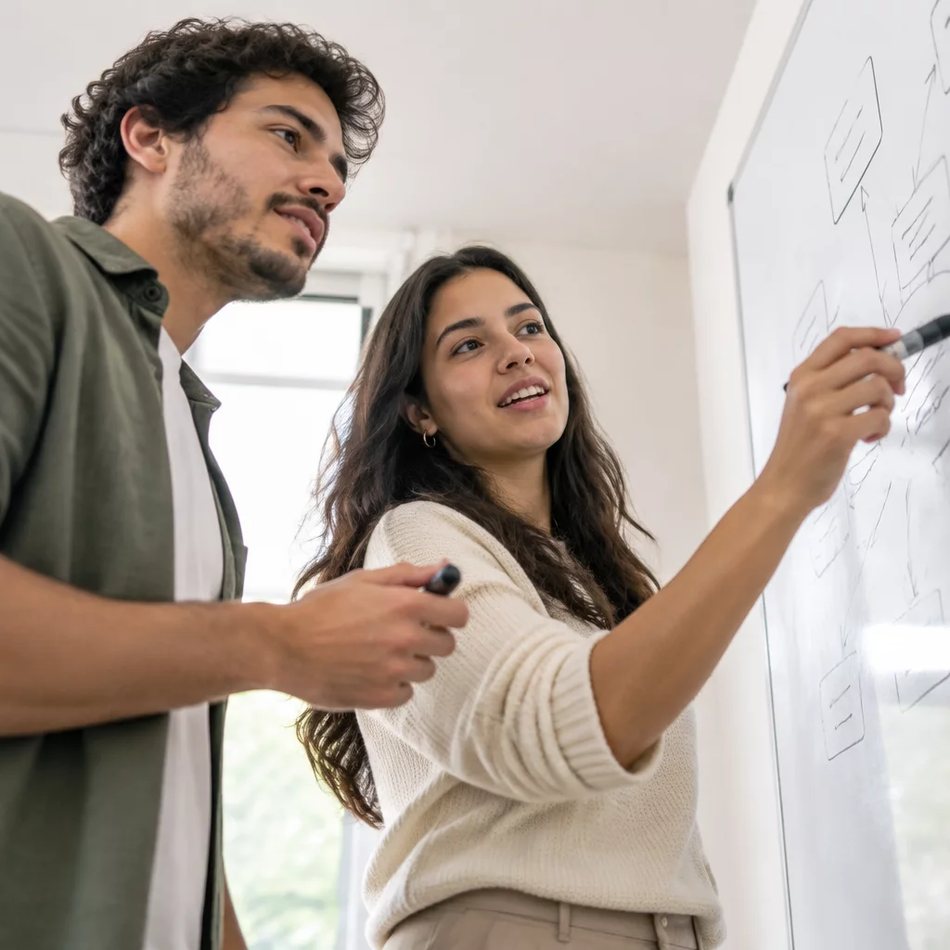 Duas participantes de pé junto ao quadro branco, desenhando as partes de um argumento